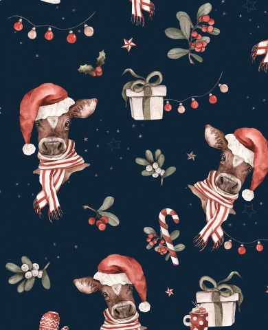 Patrón de tela navideña de satén de algodón con vacas con gorros de Papá Noel.