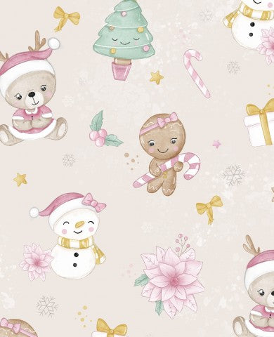 Tessuto natalizio per bambine in tela di cotone nei toni del beige, ideale per creare un incomparabile outfit natalizio. Misto tela di cotone con