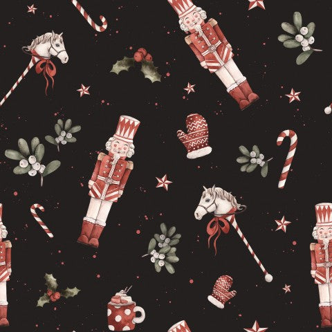 French Terry a black and red Christmas pattern with nutcrackers and candy canes