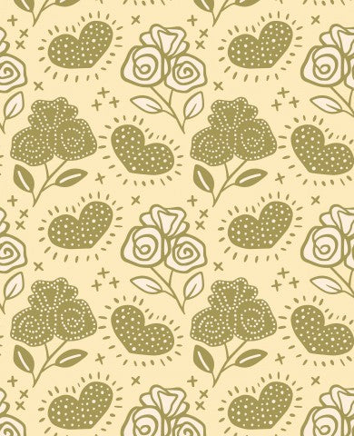 Flores y corazones de algodón satinado sobre fondo amarillo.