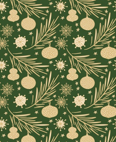 Satijnen katoen, een groen en goud kerstpatroon met sneeuwvlokken en dennentakken