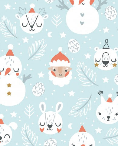 Satin cotton Christmas pattern with snowman, Santa Claus and reindeer