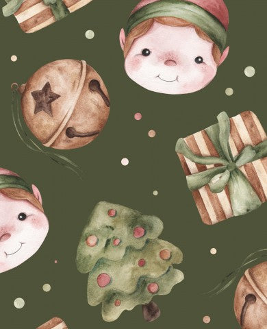 Satin Baumwolle Aquarell-Weihnachtsmuster mit Elfen und Geschenken