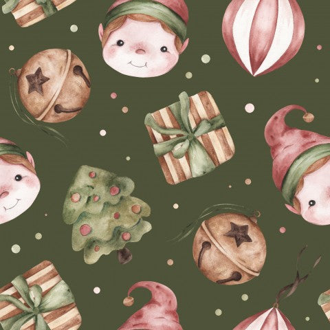 French Terry a watercolor Christmas pattern with elves and gifts