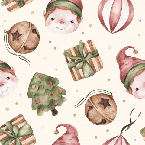 Jersey côtelé motif elfe de Noël aquarelle