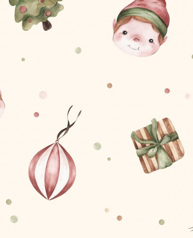 Satin Baumwolle Aquarell-Weihnachtsmuster mit Elfen und Geschenken
