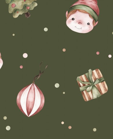 Satin Baumwolle ein Aquarell-Weihnachtsmuster mit Elfen und Geschenken