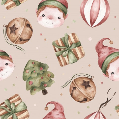 Kerstmagie in het klein: beige katoenen stof voor je volgende knutselproject. Ideaal voor tassen, sjaals en meer!