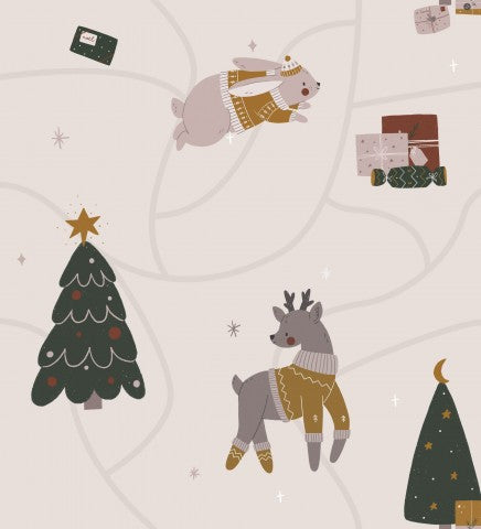 Jersey un'illustrazione di una scena natalizia con renne, alberi e regali