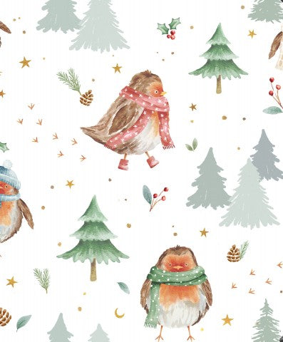 Waterproof fabric Christmas birds and fir trees