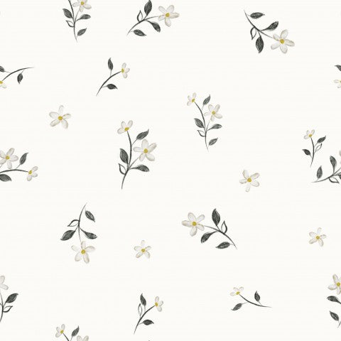 Rib Jersey white flowers and leaves