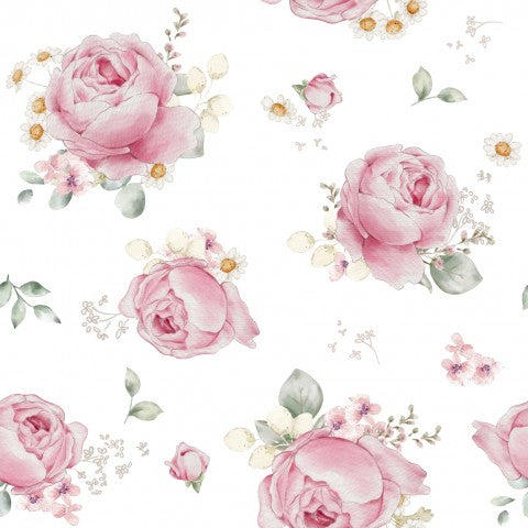 Rib Jersey rosa Rosen auf weißem Hintergrund