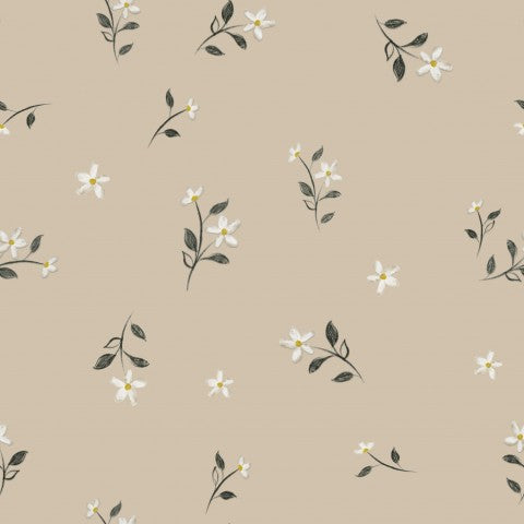 French Terry white flowers on beige background