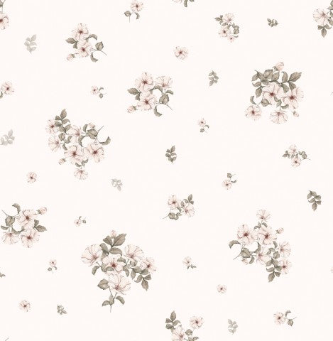 Mussola, carta da parati floreale con fiori e foglie rosa