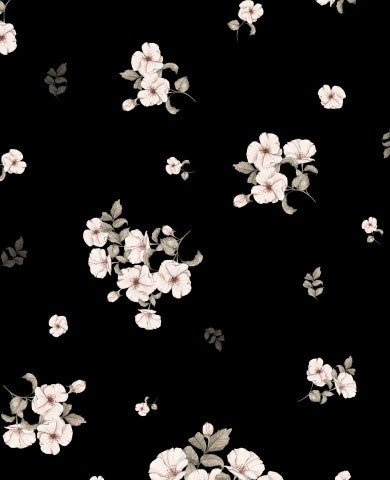 Muslin på sort baggrund med hvide blomster på