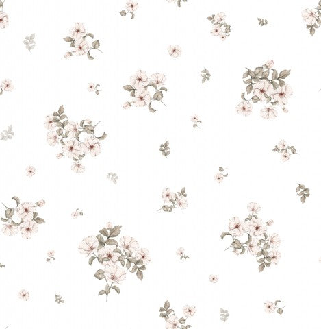 Satinbomuld på en hvid baggrund med lyserøde blomster og blade