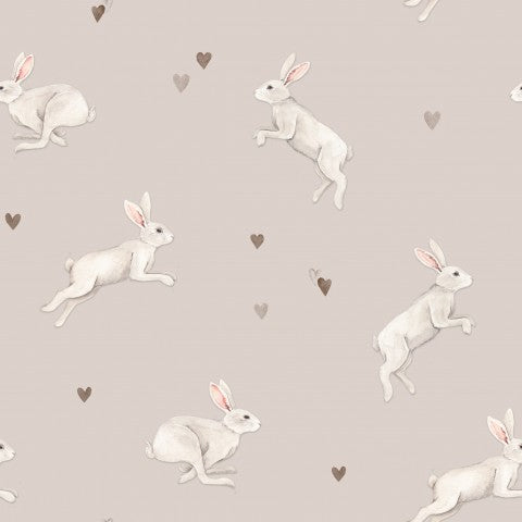 Waterproof fabric rabbits and hearts on a light grey background