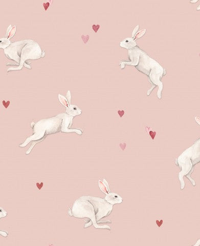 Waterproof fabric white rabbits and hearts on pink background