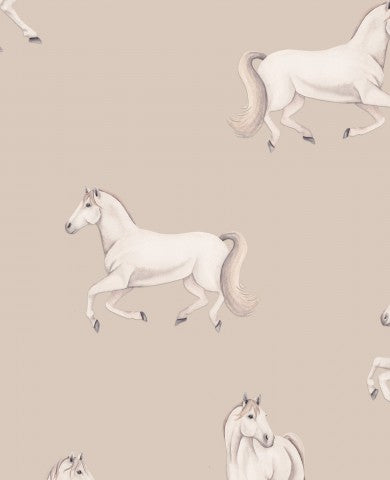 Waterdichte stof met een patroon van rennende paarden op een beige achtergrond