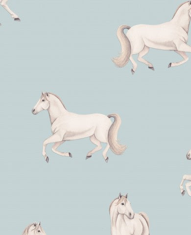 Weißer Baumwoll-Stoff mit blauen Pferde-Print - ideal für Ihre nächste Nähanlage! Baumwolle Qualität, 100% natürlich, leicht und weich. Zum nähen geeignet - Me