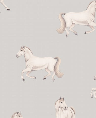 Mussola con motivo di cavalli in corsa su sfondo grigio