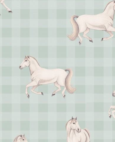 SoftShell a pattern of running horses on a green checkered background