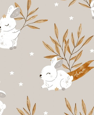 Muslin white rabbit and leaves