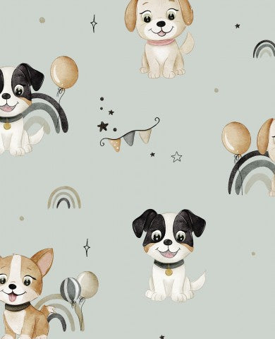 Waterproof fabric with a pattern of dogs and balloons on a green background