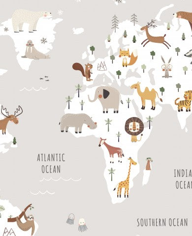 Muslin an illustration of animals on the world map