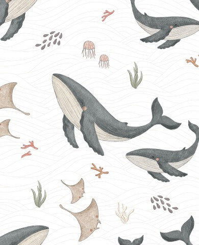 French Terry whales and jellyfish on a white background