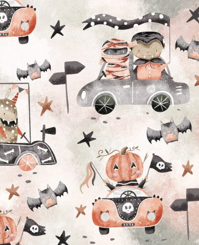 Panama ein Halloween-Muster mit Autos, Fledermäusen und Kürbissen