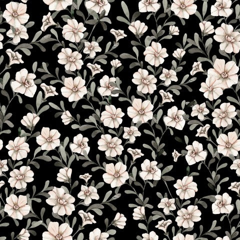 Musselin Blumenmuster mit weißen Blumen auf schwarzem Hintergrund