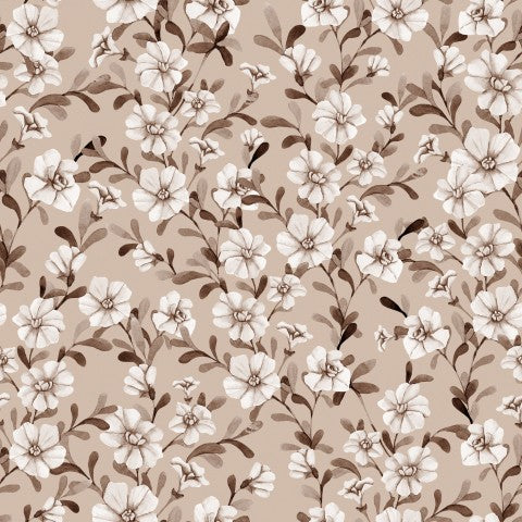 Blomstermønster i satinbomuld på beige baggrund