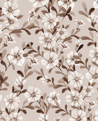 Blomstermønster i satinbomuld med brune og hvide blomster