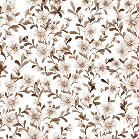 French Terry un motif floral marron et blanc sur fond blanc