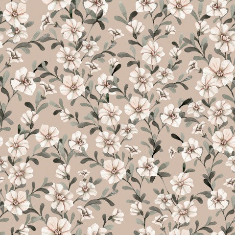 Blomstermønster i satinbomuld på beige baggrund