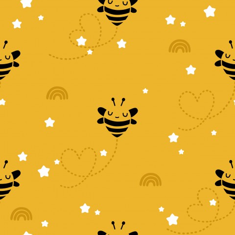Waterproof fabric bees and hearts on yellow background