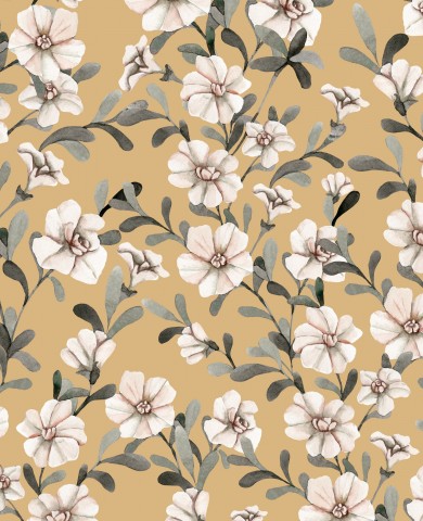 French Terry un motif floral avec des fleurs blanches sur fond beige