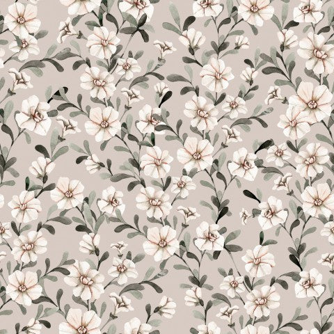 Blomstermønster i satinbomuld med hvide blomster og blade