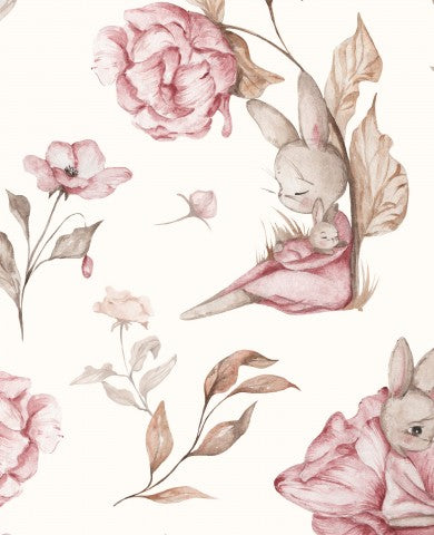 Muslin watercolor pattern with rabbits and flowers