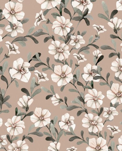 Waterproof fabric with a floral pattern of white flowers on a beige background