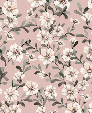 French Terry white flowers on pink background