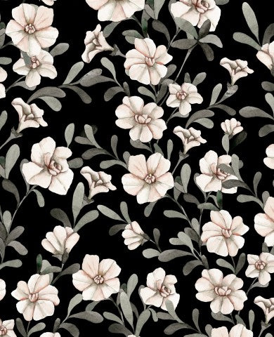 Ribjersey blomstermønster med hvide blomster på sort baggrund