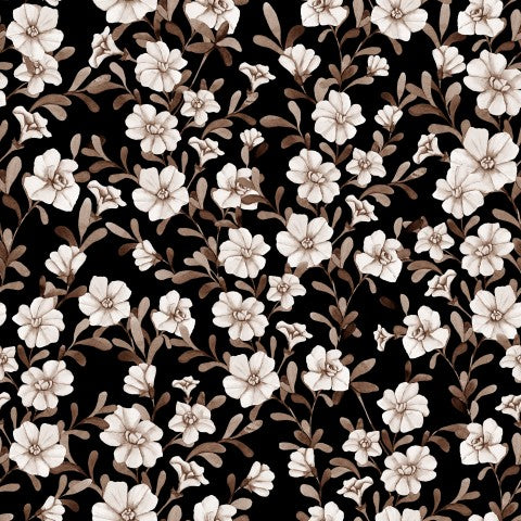 French Terry, un patrón floral en blanco y negro con flores blancas.