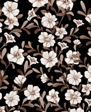 Satinbomuld med et sort-hvidt blomstermønster på en sort baggrund