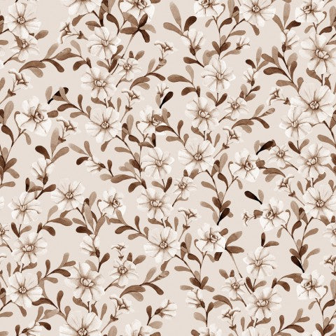 French Terry, un motif de papier peint floral marron et blanc