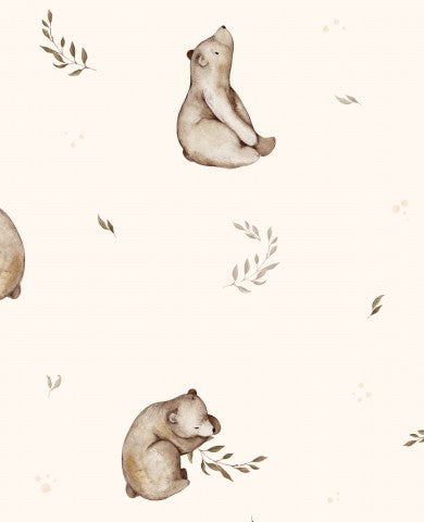 Rib Jersey a pattern of bears and leaves on a beige background