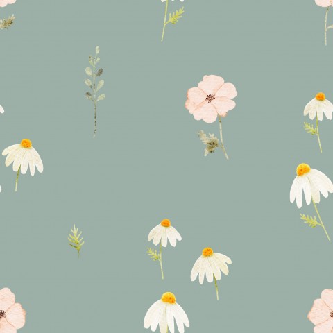 Satin Baumwolle Gänseblümchen und Blumen auf grünem Hintergrund