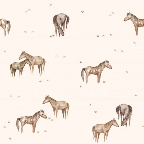 Motivo di cavalli in raso di cotone su sfondo beige