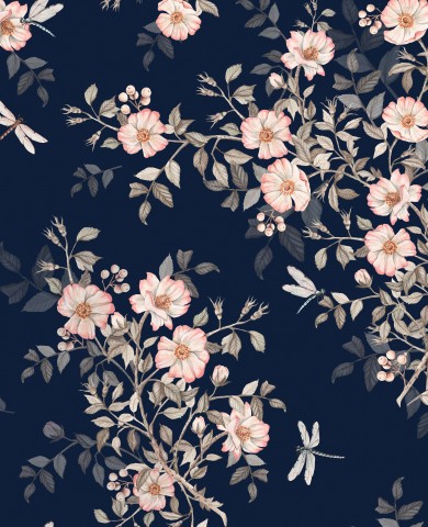 French Terry un motif floral avec des fleurs roses sur un fond bleu foncé